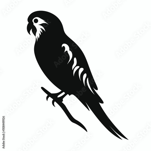 Black silhouette of a parakeet perched on a branch against a light background