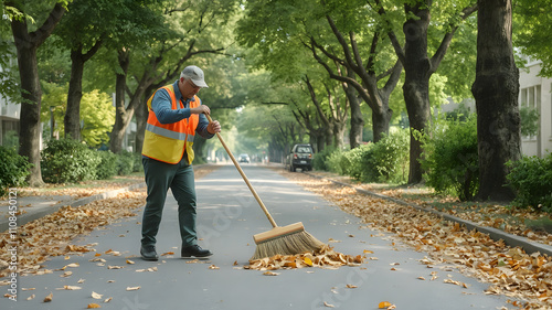 A street cleaner sweeping leaves with a broom on a tree-lined urban road, wearing a reflective vest photo