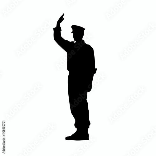 Soldier in uniform saluting with a hand gesture during daylight hours