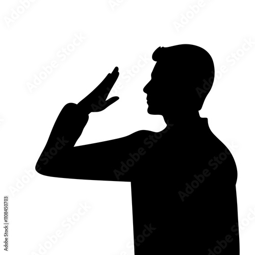 Man saluting with a raised hand against a white background