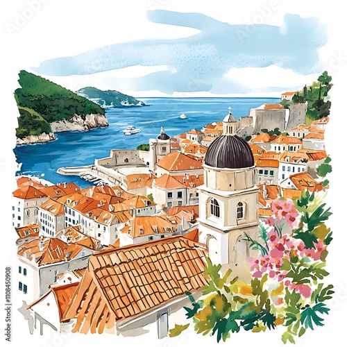 Watercolor Painting of Dubrovnik, Croatia, Featuring Red-Roofed Buildings, the Adriatic Sea, and Lush Greenery.