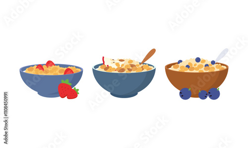 Oatmeal set. Collection of cups of oatmeal porridge with various fruits