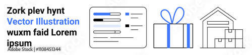 Text on left with project details. Checklist, blue-ribbon tied gift, and warehouse with boxes icons. Ideal for e-commerce, logistics, shipping, inventory, supply chain fulfillment landing page