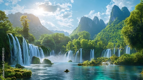 Panoramic view of a tropical rainforest with waterfalls cascading into a river below