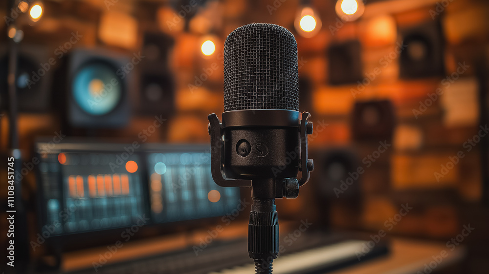 A microphone is placed in front of a wall with speakers. The microphone is black and the wall is made of wood A microphone is placed in front of a wall with speakers. The microphone is black and the wall is made of wood