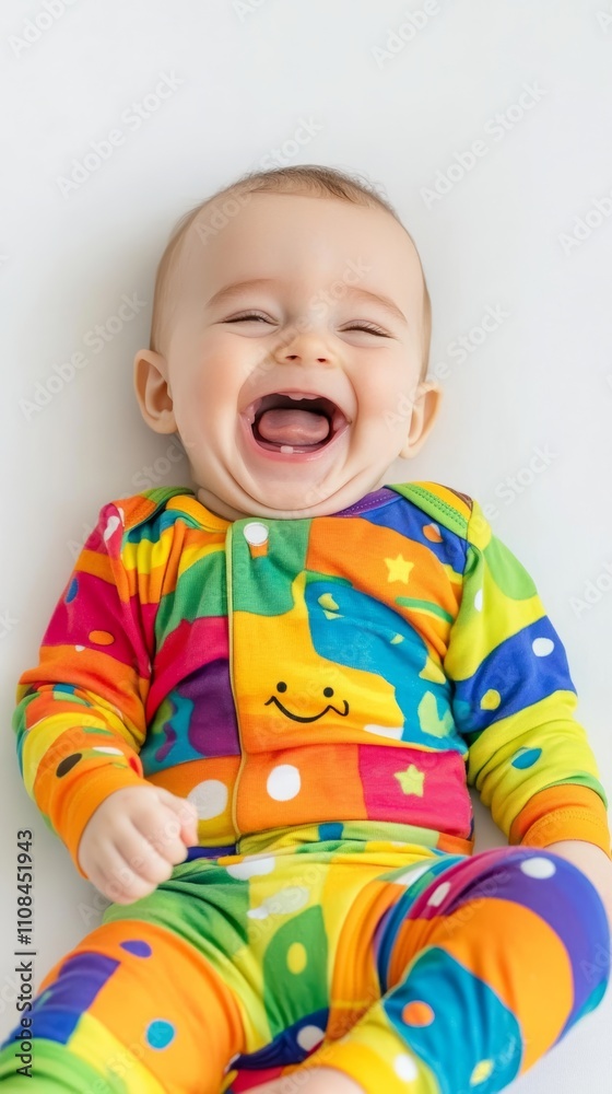 An infant laughing with mouth open, joyful expression, vibrant color palette, isolated on white background An infant laughing with mouth open, joyful expression, vibrant color palette, isolated on white background