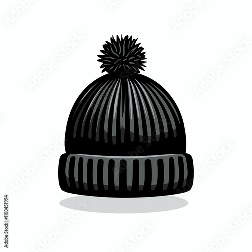 Warm black knitted beanie with pom pom displayed on a light background