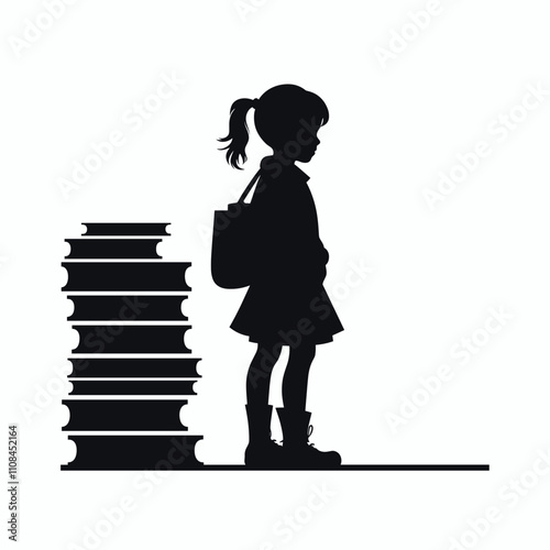 Child standing next to stack of books ready for school in minimalist silhouette style