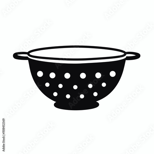 Colander with holes used for draining water from pasta in a kitchen setting