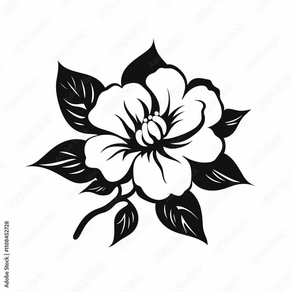 Fototapeta premium Elegant black and white flower illustration featuring detailed petals and leaves