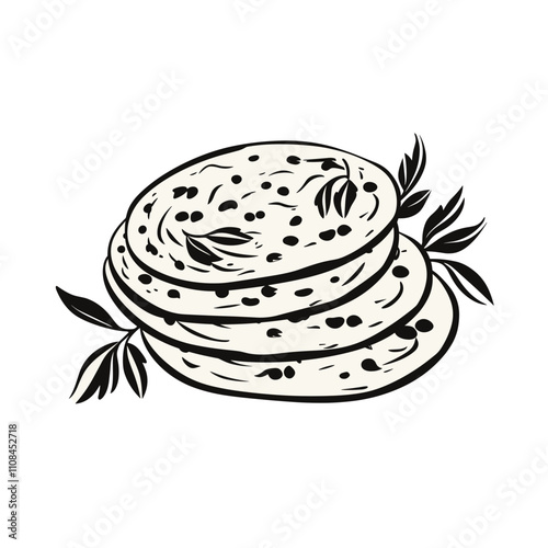 Artistic depiction of three stacked flatbreads with olives and herbs