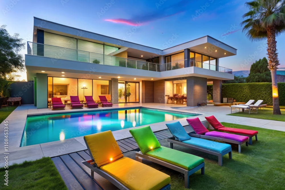 Fototapeta premium A modern house with a pool and lawn chairs in front of it, AI neon colors