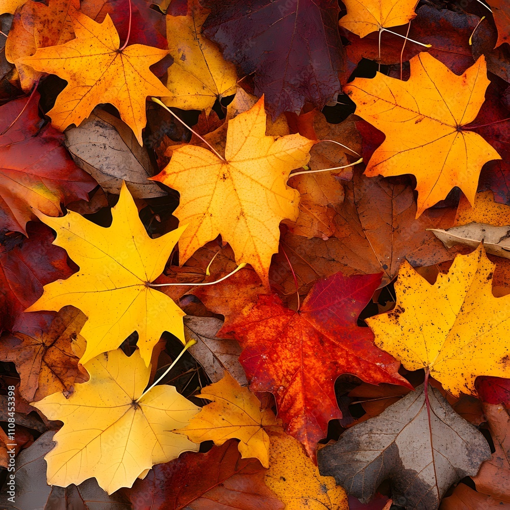 Fototapeta premium A banner background featuring beautiful orange and yellow autumn leaves, with fallen maple leaves creating a vibrant and seasonal atmosphere.
