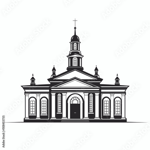 Detailed architectural design of a classic church featuring domes and stained glass