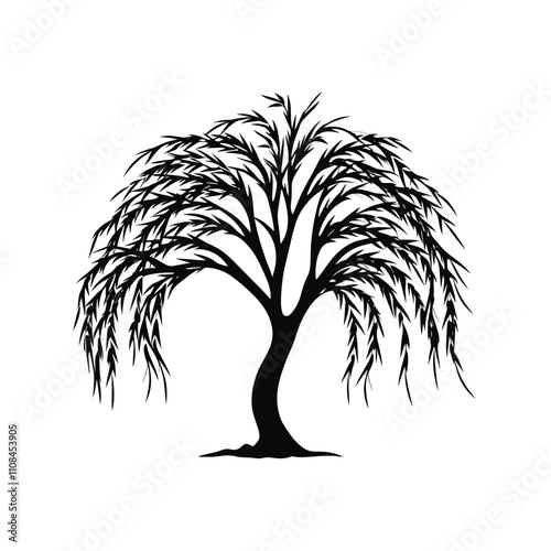 Silhouette of a willow tree with drooping branches in a minimalist style