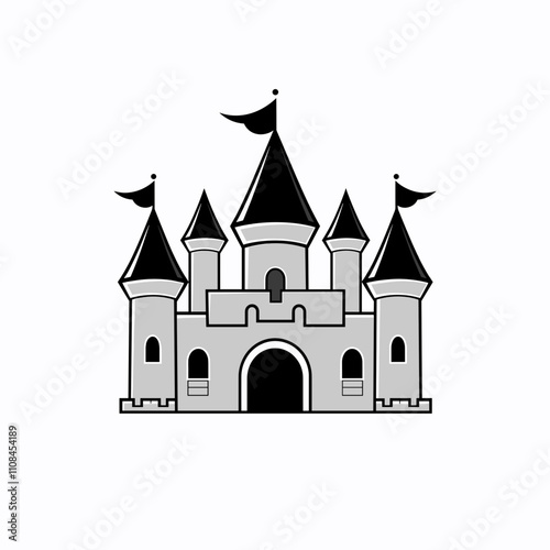 Majestic castle with dark towers and flags set against a plain background