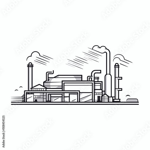 Industrial complex with smokestacks and supporting structures against a cloudy sky