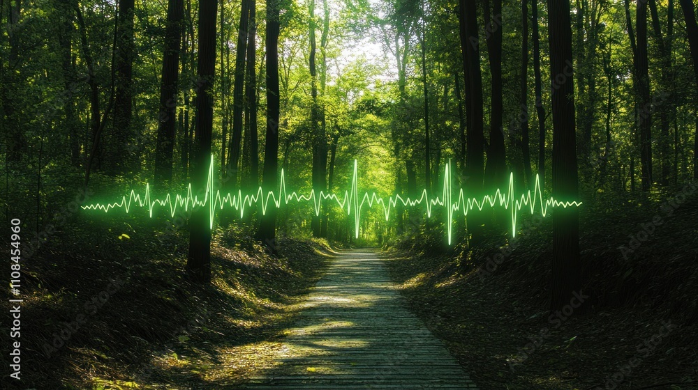 Fototapeta premium Lush forest path with a green sound wave overlay