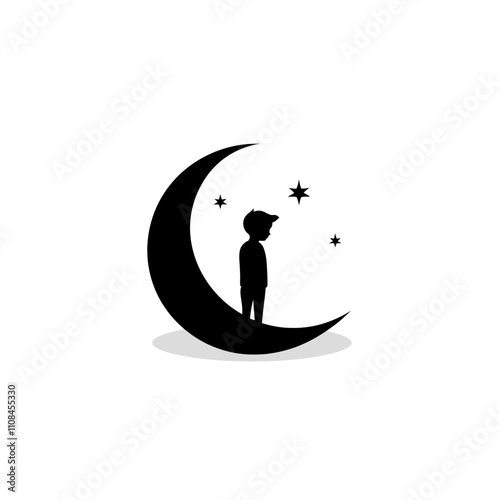 Child standing on a crescent moon gazing at stars in a whimsical night sky