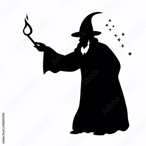 Mysterious wizard casting spells under a starry sky during twilight hours