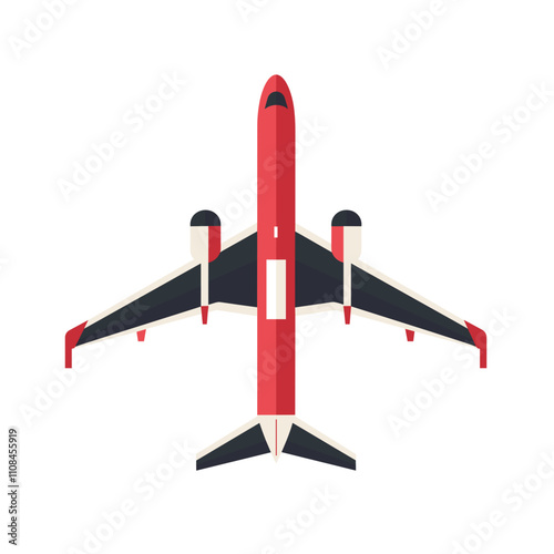 Airplane illustrated from above view with vibrant red and white colors