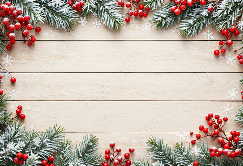 Top view wooden table natural wood Christmas decor for mockup template logo branding announcement holiday social media post snowy branches and red berries and snowflakes