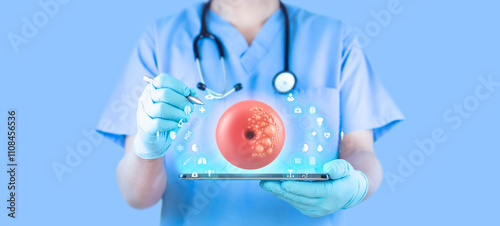 Cervical cancer seen through a speculum. Hologram of the cervix. The gynecologist analyzes the cervical area with cellular tissue damaged by cancer. Light blue background