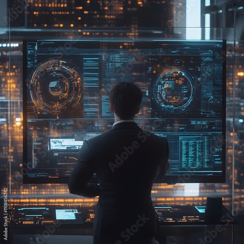 A businessman is working in front of a futuristic interface with a holographic data keyboard, seamlessly integrating technology with business tasks. photo