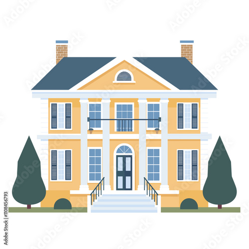 Elegant two-story house with classic architecture and symmetrical design in a serene setting