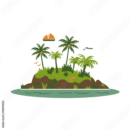 Tropical island with palm trees and sunset over tranquil water