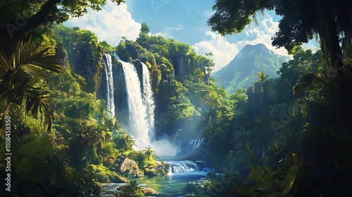 Panoramic view of a tropical rainforest with waterfalls cascading into a river below