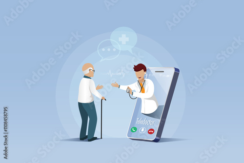 Doctor on smartphone online diagnosis and give consultation to senior patient. Telemedicine, virtual doctor, medical and health care service innovation technology for elderly. Vector.