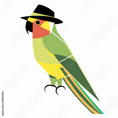 Colorful parrot wearing a hat poses in a playful and artistic manner