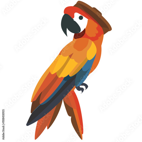 Colorful parrot wearing a hat perched on a branch, showcasing vibrant feathers and charm