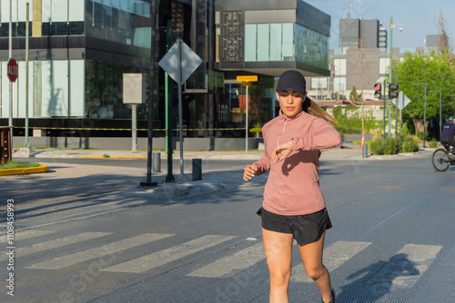 Young Latina woman jogging in city street and checking smartwatch