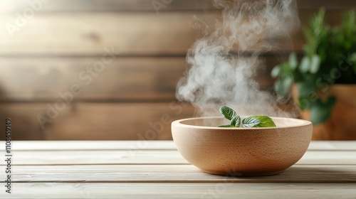 spa sauna herbal concept, A steaming bowl with fresh herbs sits on a wooden table, exuding warmth and inviting aromas in a cozy setting.