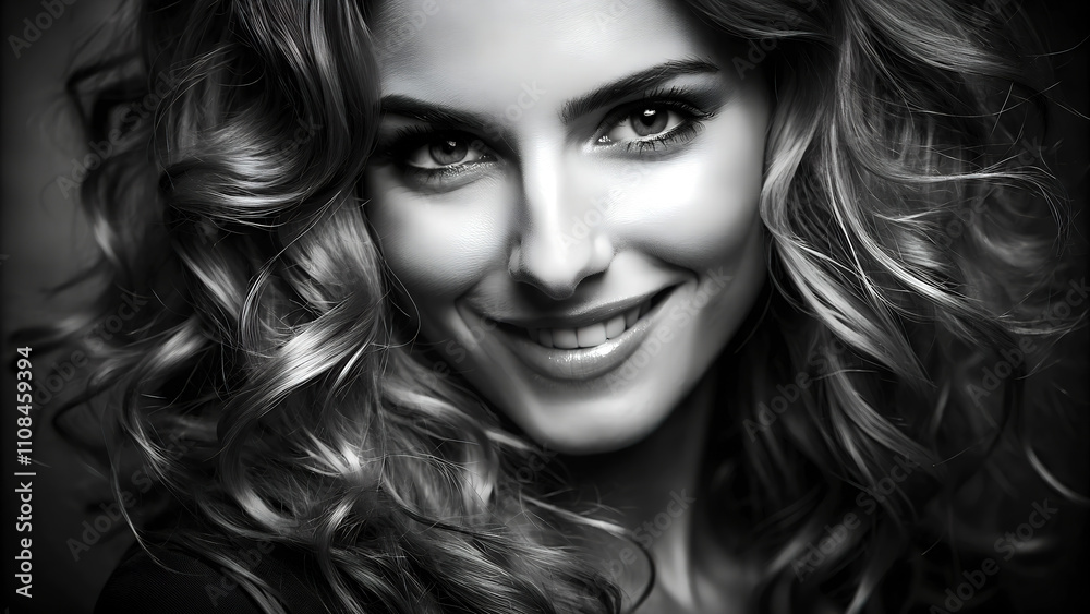 Fototapeta premium A young woman with long, curly hair smiles warmly at the camera.