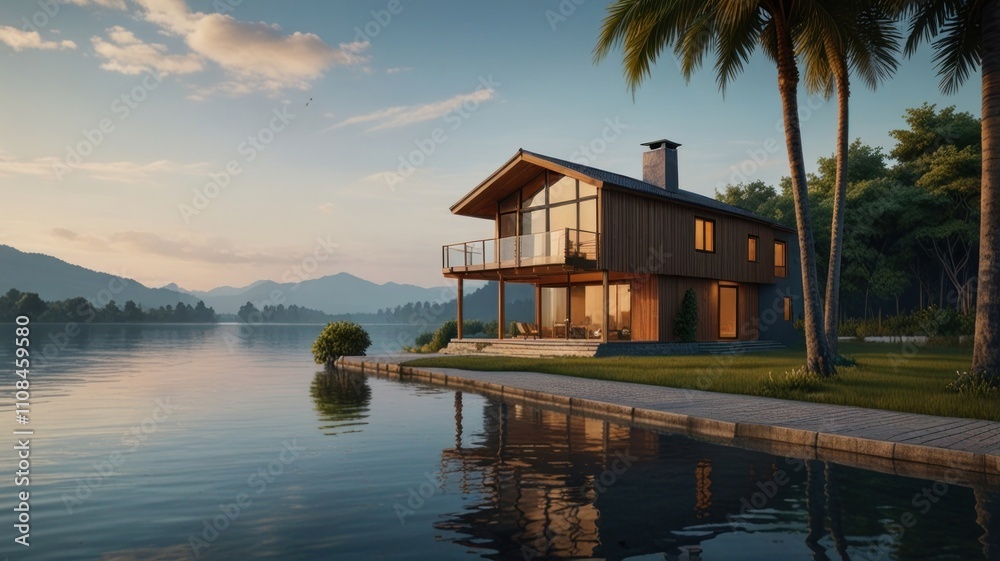 Obraz premium Here's a description and keywords for your image.. Lakeside cabin at sunset, reflecting in calm water. Modern architecture with large windows, deck, and palm trees.
