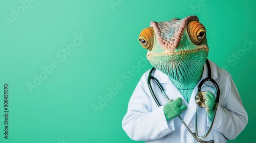 Colorful Chameleon Doctor with Stethoscope on Green Background
