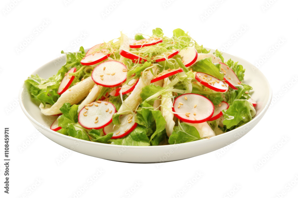 A healthy salad composed of shredded Chinese cabbage, sliced radishes, and chopped green onions, topped with a sprinkle of sesame seeds and a light vinaigrette A healthy salad composed of shredded Chinese cabbage, sliced radishes, and chopped green onions, topped with a sprinkle of sesame seeds and a light vinaigrette