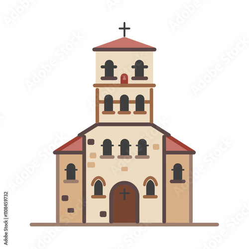 Historical church with a distinctive tower located in a quaint village setting