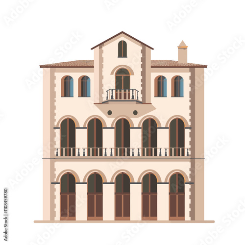 Elegant architecture of a three-story building with arches and detailed balconies