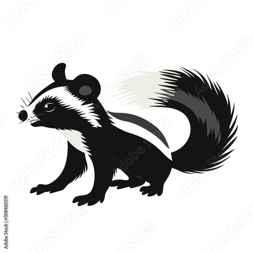 Illustration of a black and white animal with bushy tail and distinct markings