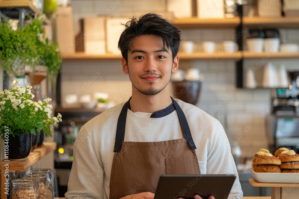 Fototapeta premium Young barista serving customers in a modern cafe with pastries