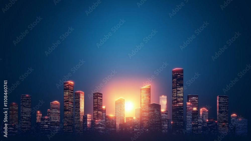Obraz premium vibrant cityscape at sunset with glowing skyscrapers and lights