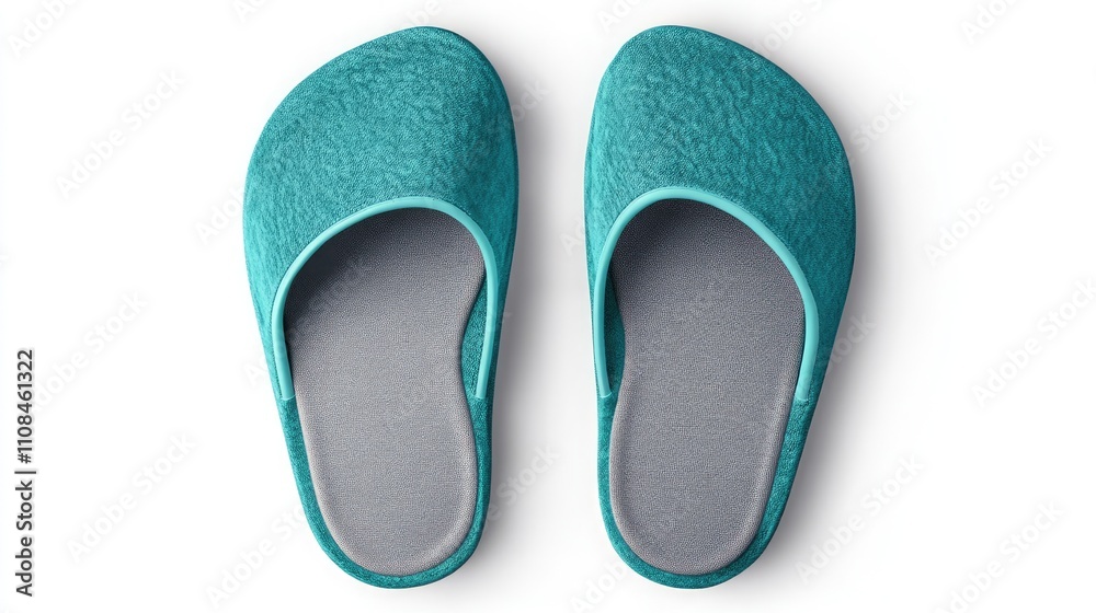 Pair of teal indoor slippers with soft, comfortable design on a white background. Pair of teal indoor slippers with soft, comfortable design on a white background.