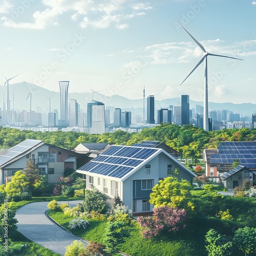 A cityscape showcasing energy sustainability, featuring renewable energy sources like wind turbines and solar panels. photo