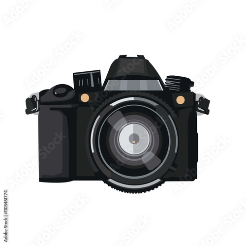 Black DSLR camera with lens positioned for capturing high-quality images in studio environment