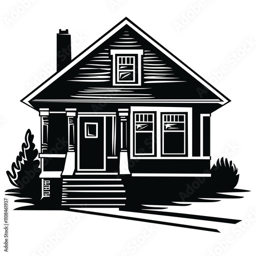 Charming black and white illustration of a classic house design with detailed architecture