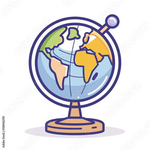 Colorful globe displayed on a wooden stand showcasing continents and oceans in a classroom setting